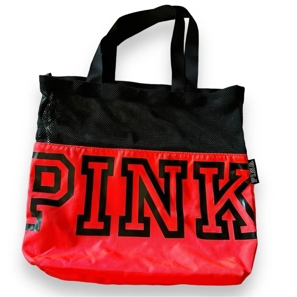 Victoria’s Secret Pink Tote Gym Beach Mesh Bag Black Pink carryall lightweight